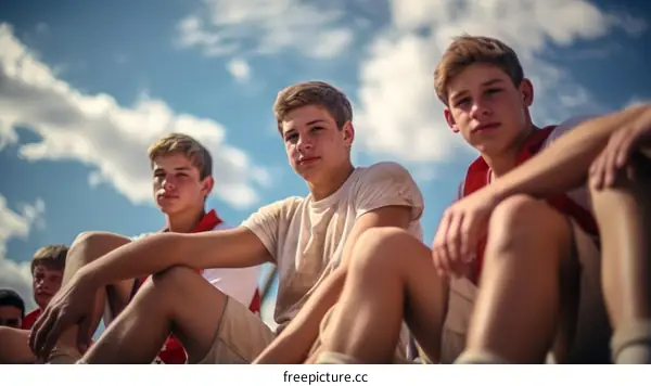 Three young male athletes in white shirts and khaki shorts are sitting on a wall looking down at the camera.