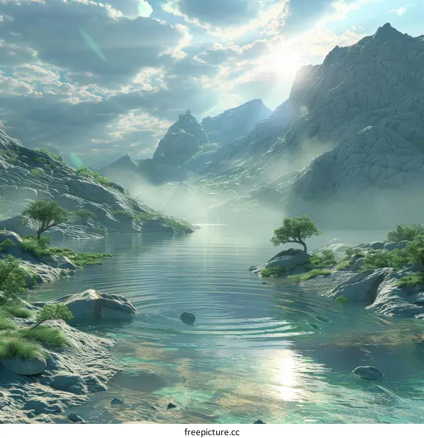 Misty Mountains and Serene Lake Landscape