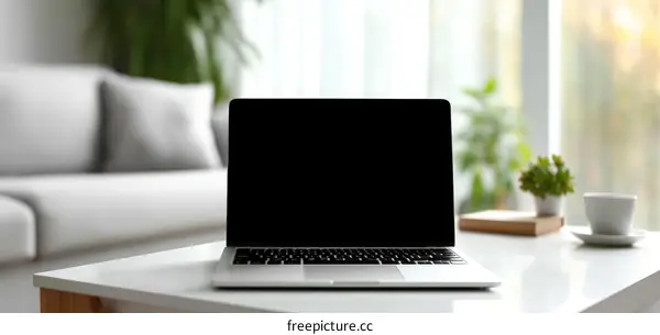 Laptop on a White Table in a Cozy Living Room