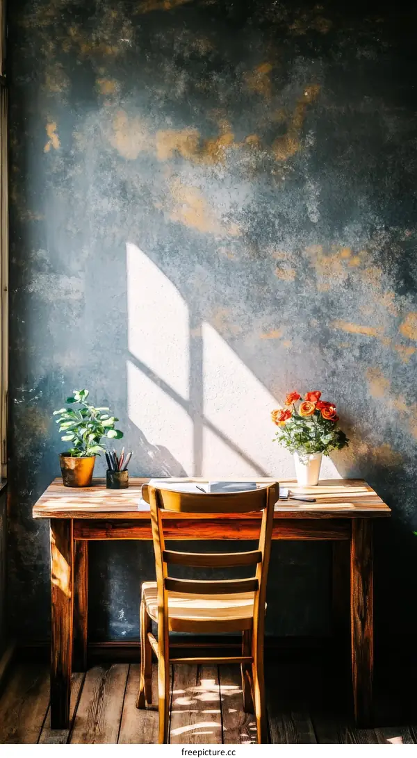 Rustic Wooden Desk in a Sunlit Room