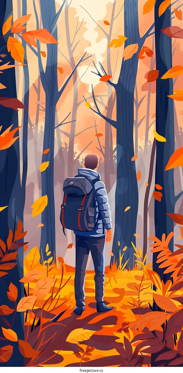 Autumn Forest Scene Illustration With A Man Walking