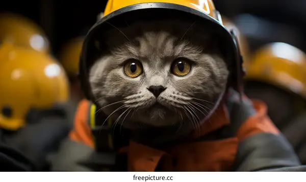 A cat wearing a firefighter's helmet and protective gear
