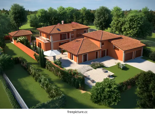Modern House Design with Tile Roof and Green Garden