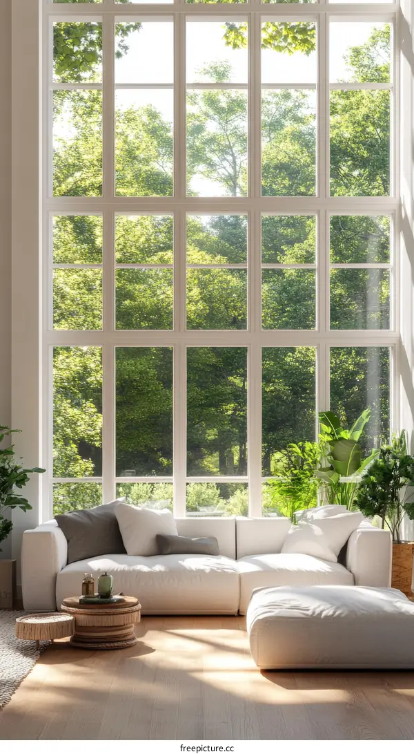 Modern Living Room with Large Windows and Lush Greenery
