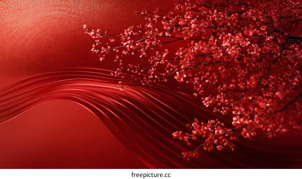 Red Silk Texture with Cherry Blossoms