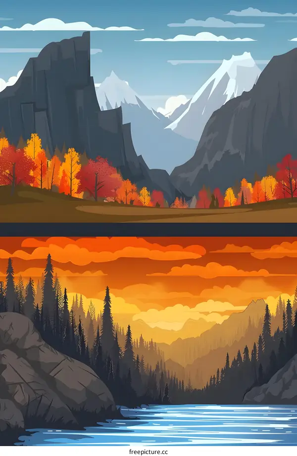 Mountain Landscape Illustration With Autumn Forest
