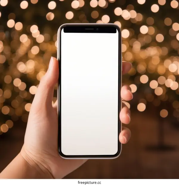 A hand holding a smartphone with a blank screen