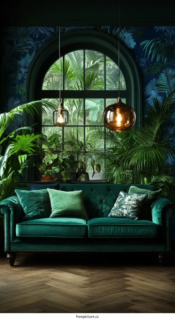 Emerald Green Velvet Sofa in a Tropical Living Room
