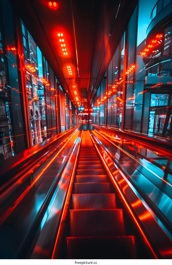 Red Neon Lights on an Escalator in a Glass Building