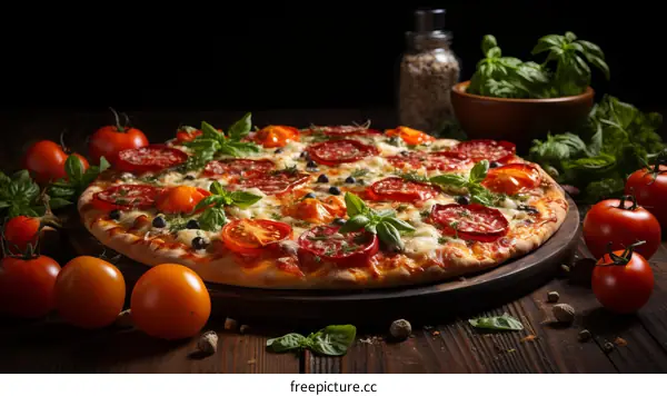 Freshly baked pizza with tomatoes, basil, and cheese