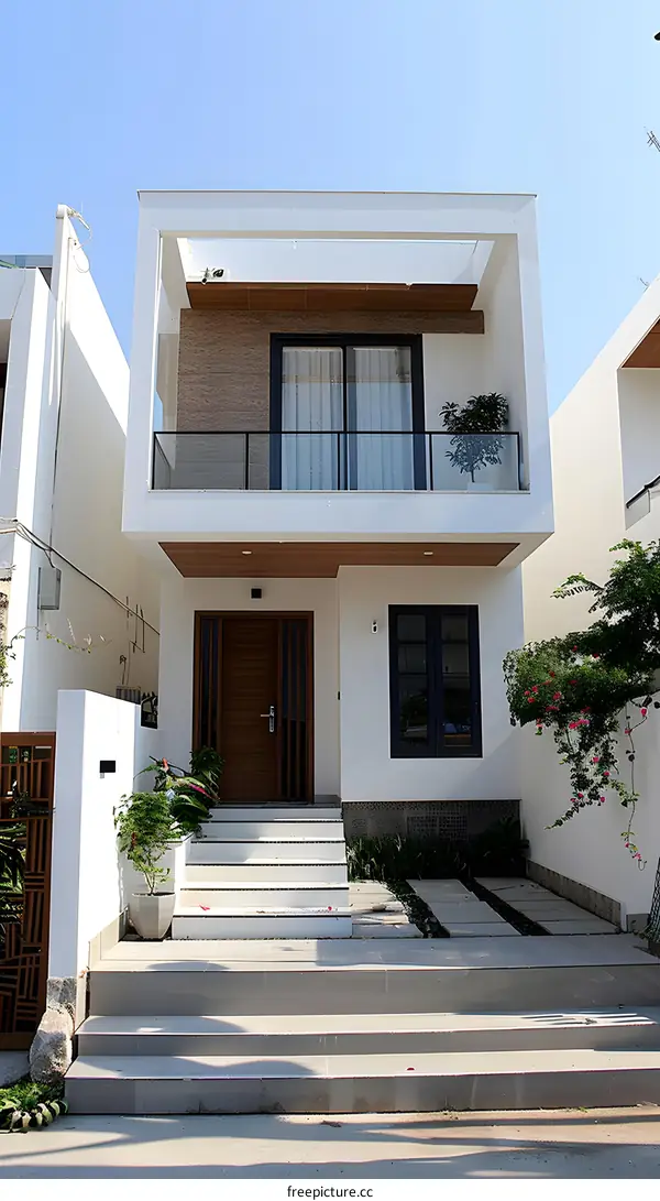 Modern Minimalist White Two Story House with Balcony