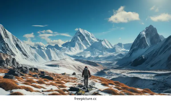 A lone hiker traverses a snowy mountain landscape
