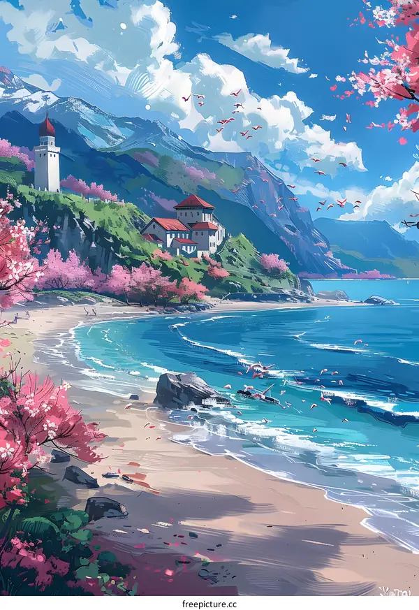 Coastal Town with Pink Flowers and a Lighthouse