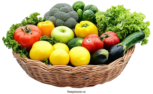 [Transparent Background PNG]Assorted Fresh Fruits and Vegetables in a Wicker Basket