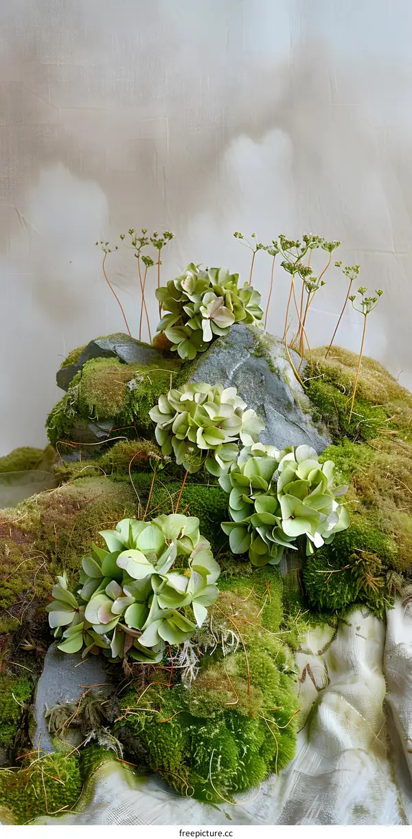 Green Moss Covered Rocks With Flowers