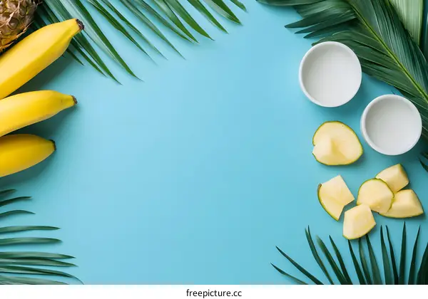 Tropical Fruits and Palm Leaves on a Blue Background