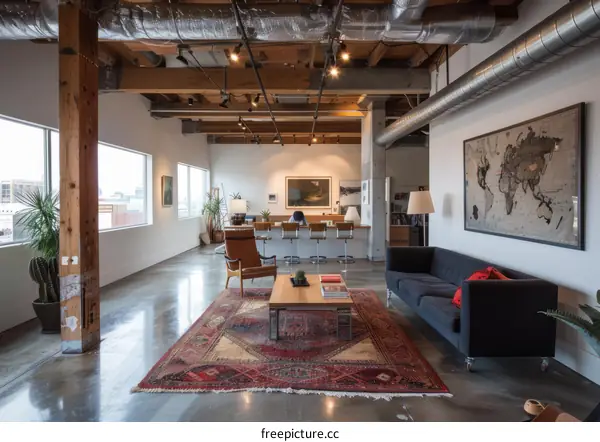 An industrial-style office space with a mid-century modern vibe