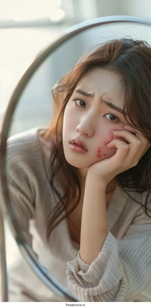 Asian woman looking at her reflection in the mirror and checking her skin for acne