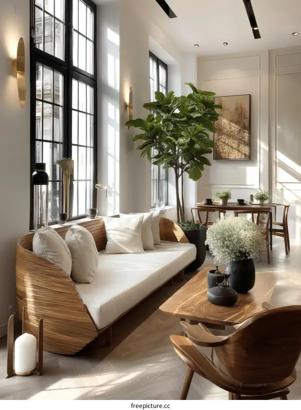 Modern Wooden Sofa in a Bright Living Room