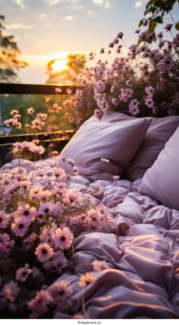 bed of flowers overlooking sunset