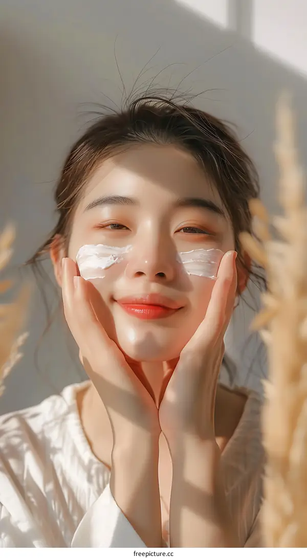 Smiling Woman with White Face Mask