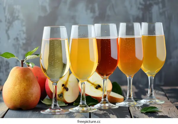 Apple Cider in Glasses with Apples and Pears
