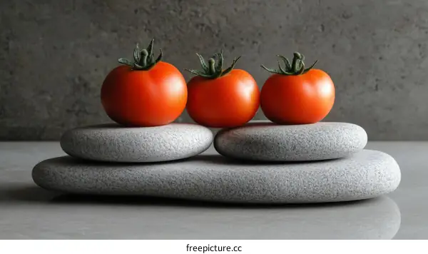 Three Tomatoes Balanced on Stacked Stones