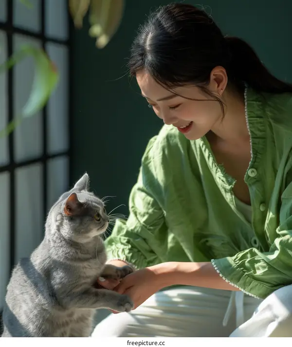 A young woman is playing with a gray cat