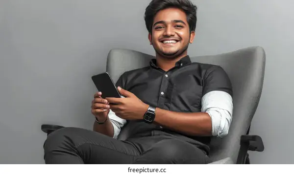Happy young Indian man using smartphone