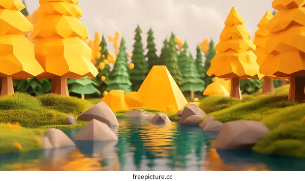Low Poly Forest Scene with Yellow Trees and River