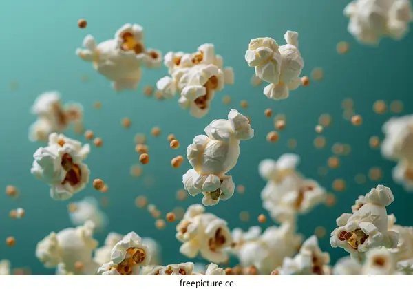 A handful of popcorn is suspended in mid-air against a pale green background.