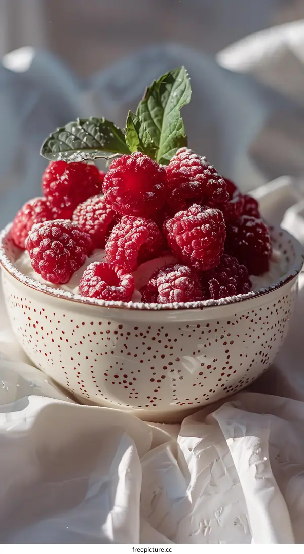 Raspberries in a bowl with cream and mint