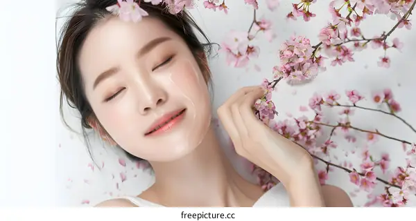 Young Asian Woman with Cherry Blossom Flowers