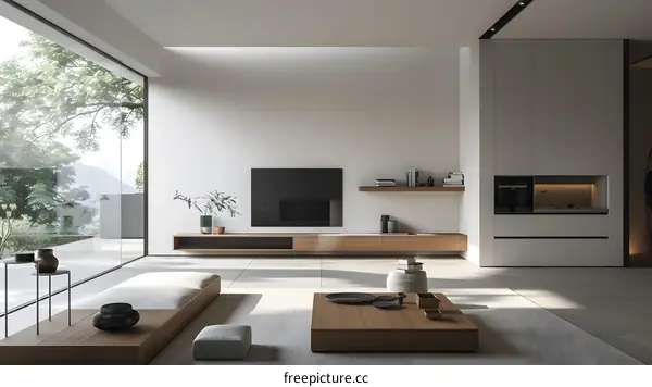 Minimalist Living Room Interior Design with Large Window and Wooden Furniture