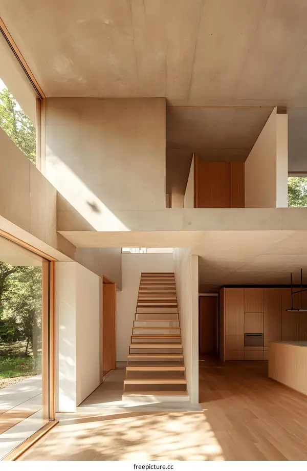Modern Interior Design with Wooden Stairs and Concrete Walls