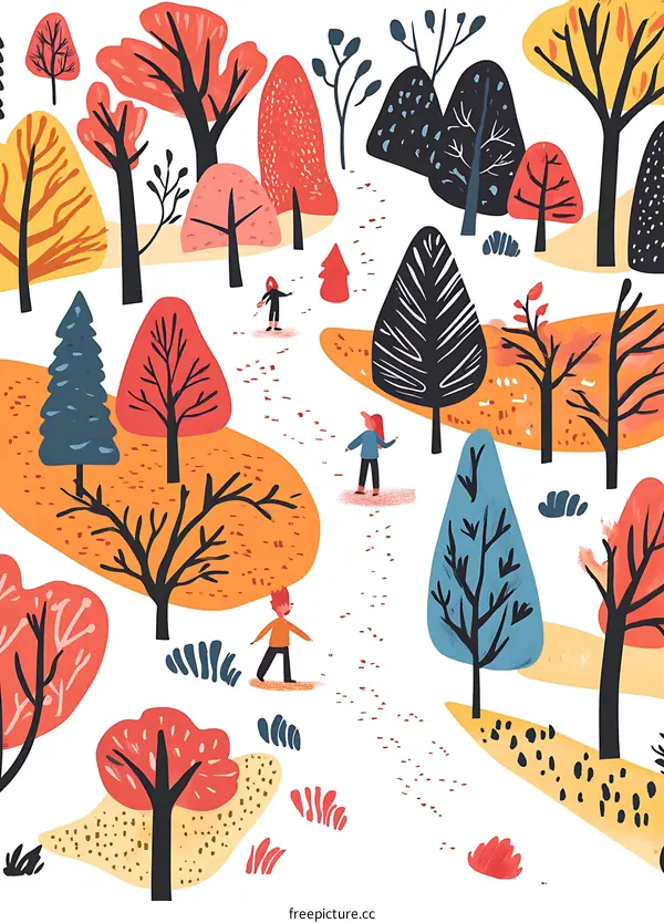 Autumn Forest Illustration with People Walking on a Path