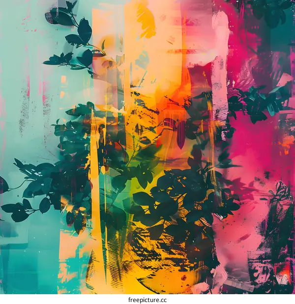 Abstract Painting with Colorful Layers and Green Foliage
