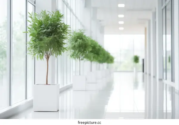Office plants in a long bright hallway