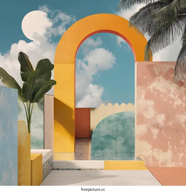 Abstract Illustration of a Tropical Paradise With An Archway