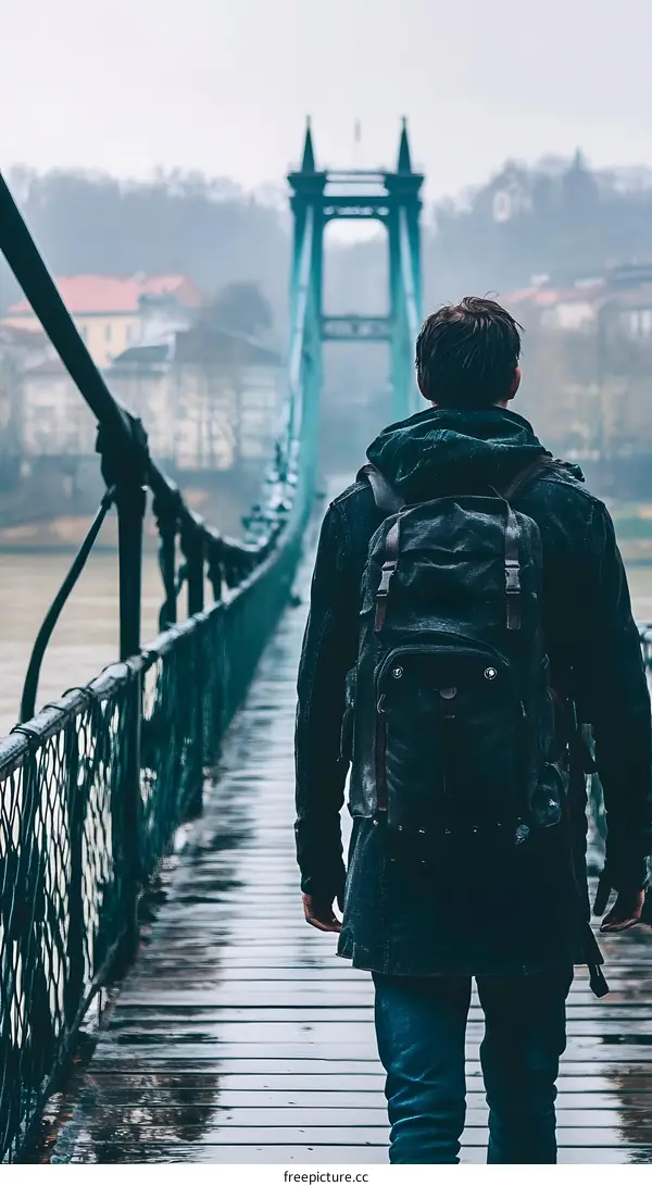 Man Walking Across Suspension Bridge in Foggy Weather