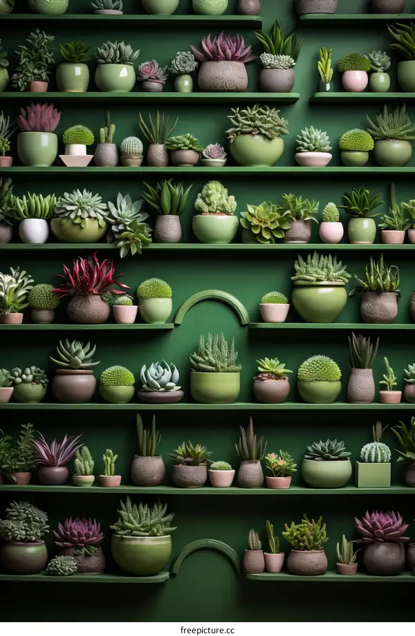 An abundance of succulents and cacti in pots on shelves.