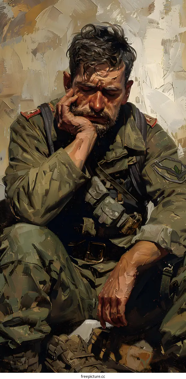 Weary Soldier in Camouflage Fatigues