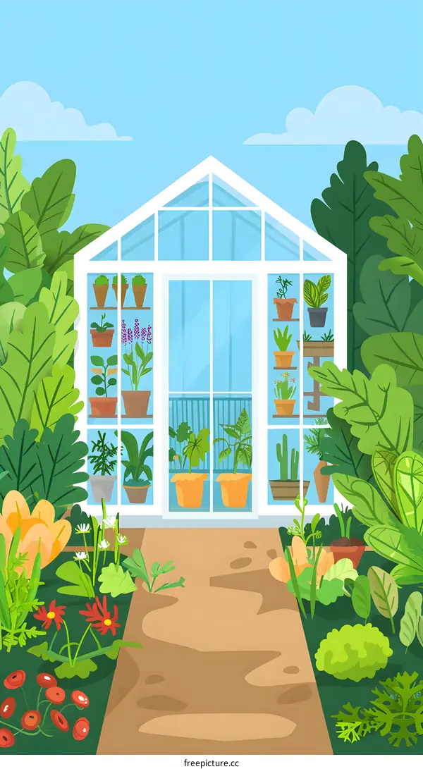 Green House With Various Plants And Flowers Illustration
