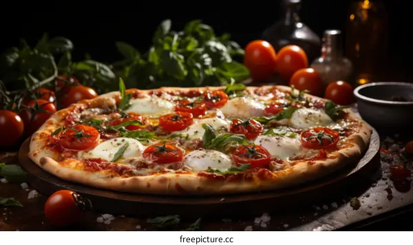 A delicious pizza with tomatoes, basil, and cheese