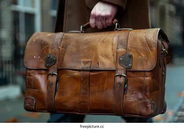 A man in a brown coat is carrying a brown leather suitcase.
