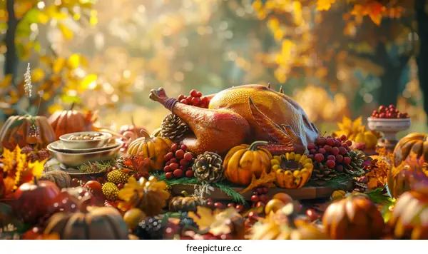 Thanksgiving Dinner Table with Roasted Turkey, Pumpkins & Autumn Leaves
