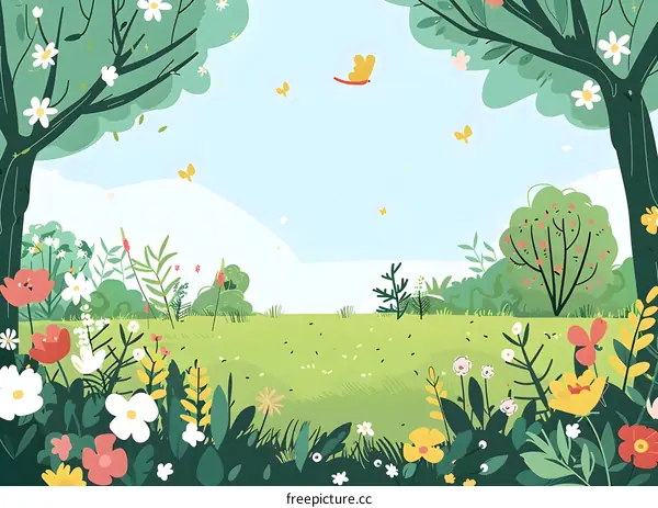 Springtime Meadow Illustration With Flowers and Butterflies