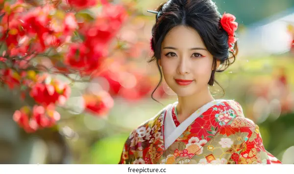 Portrait of a beautiful Japanese woman in traditional kimono