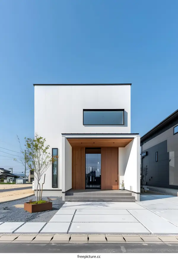 Modern White House with Wooden Door and Concrete Patio