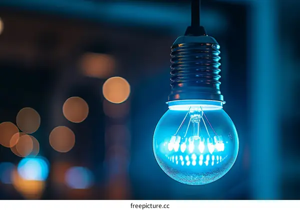 Blue light bulb hanging from the ceiling with a blurred background
